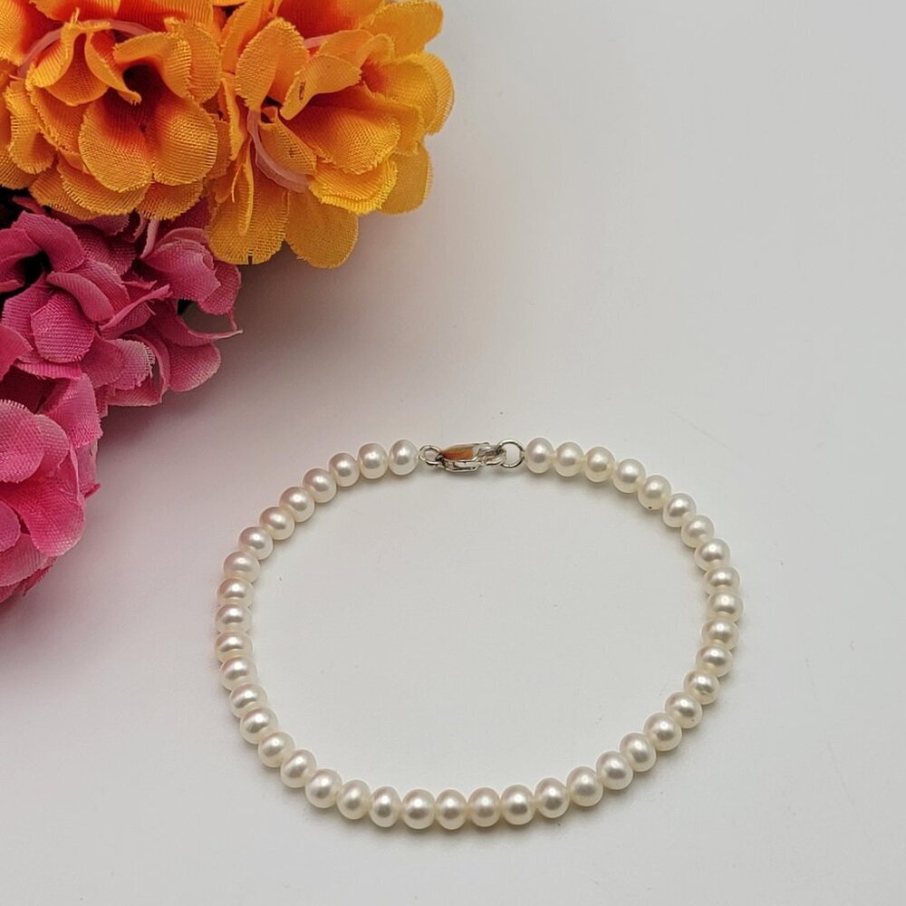 JCM Sterling Silver Natural White Pearl Beaded Bracelet 7.5" Elegant 4.8mm